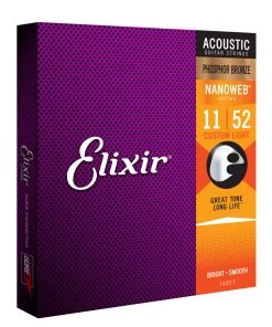 National Elixir 16027 Nanoweb Phosphor Bronze Custom Light 11-52 Strings